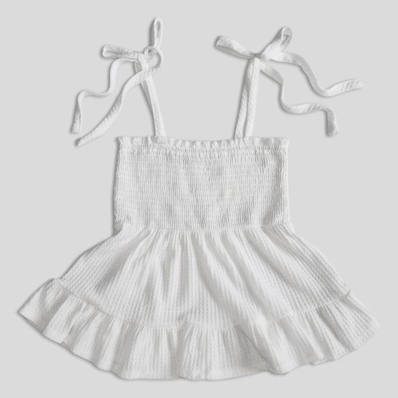 Paper Crane Small White Smocked Tie Strap Peplum Sleeveless Waffle Top - Picture 7 of 16
